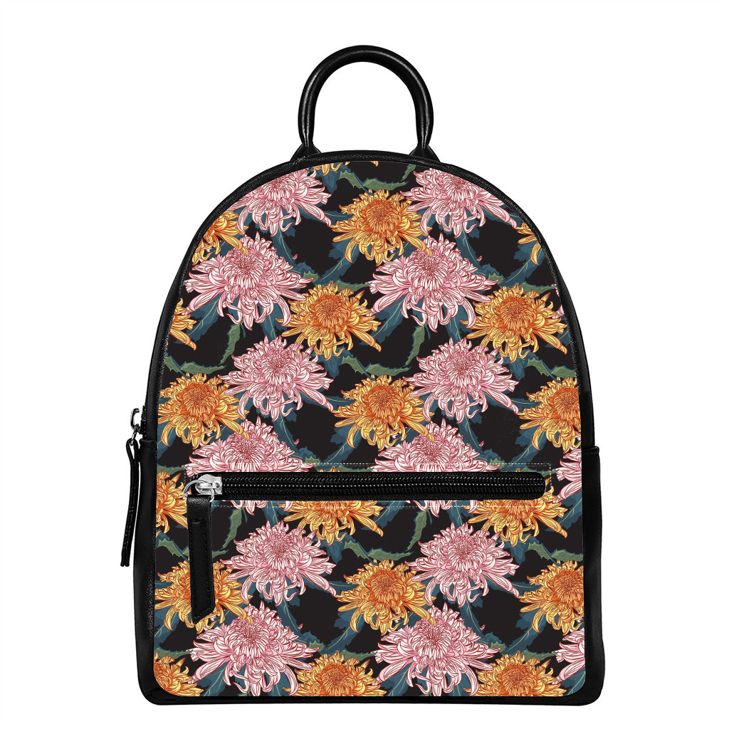 Japanese Chrysanthemum Pattern Print Leather Backpack