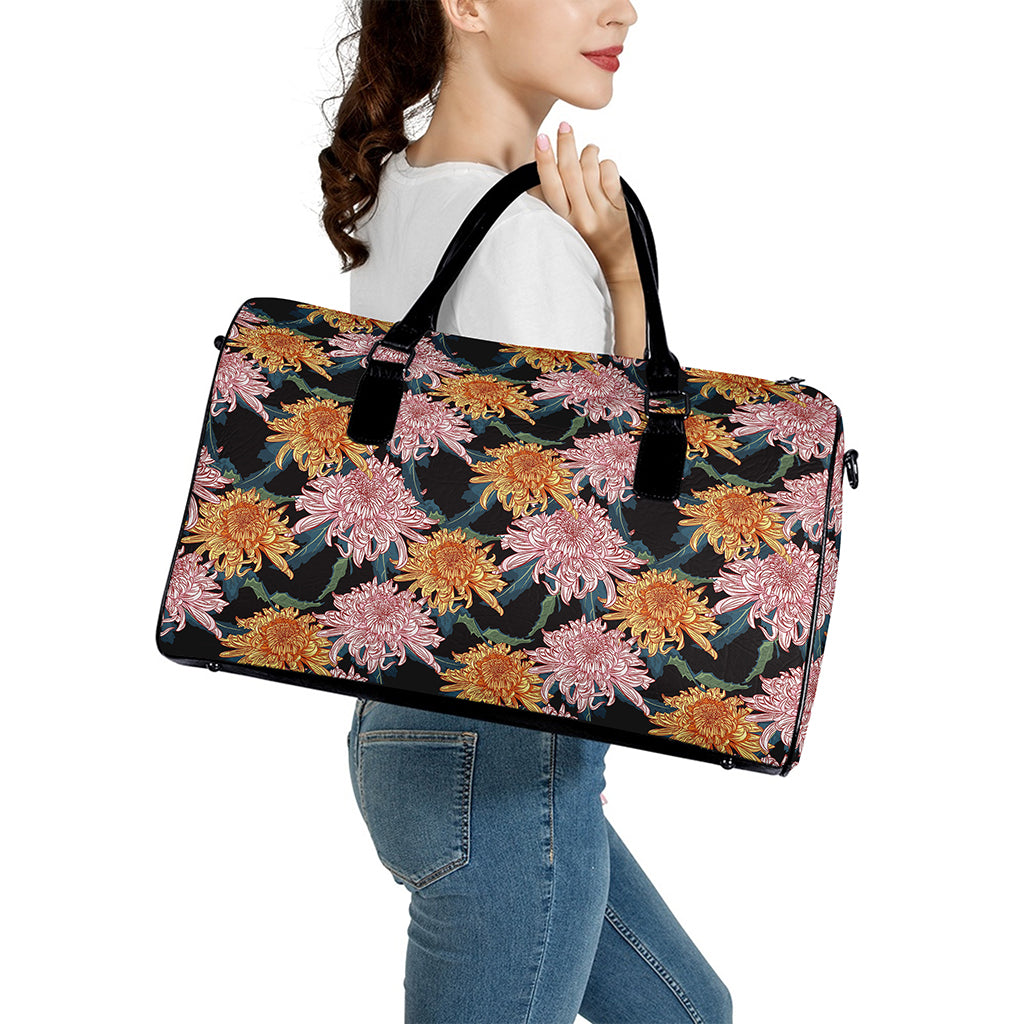 Japanese Chrysanthemum Pattern Print Leather Duffle Bag