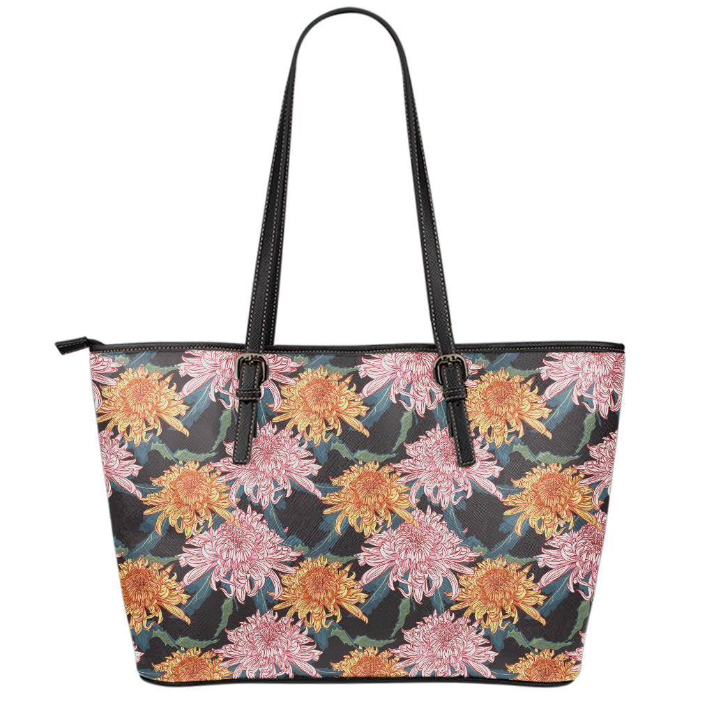 Japanese Chrysanthemum Pattern Print Leather Tote Bag
