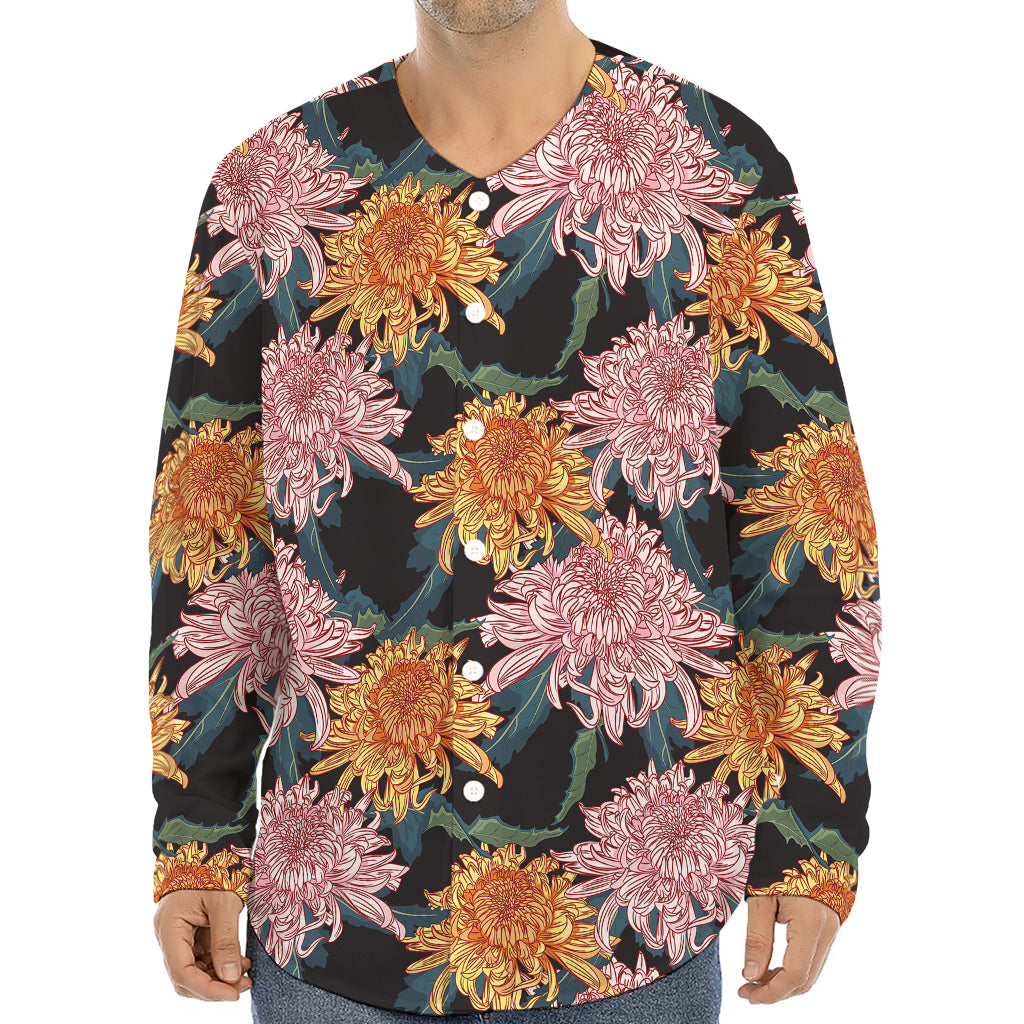 Japanese Chrysanthemum Pattern Print Long Sleeve Baseball Jersey