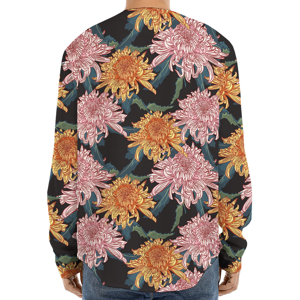 Japanese Chrysanthemum Pattern Print Long Sleeve Baseball Jersey