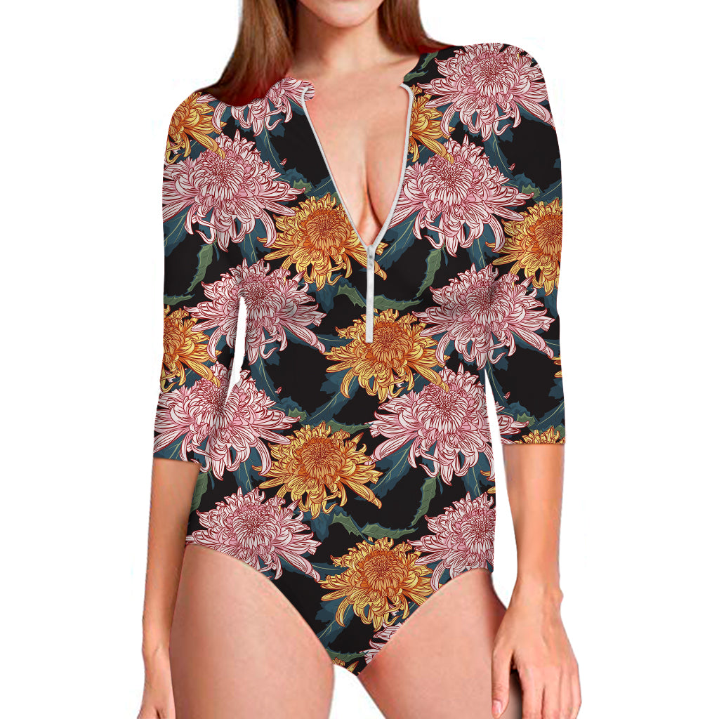 Japanese Chrysanthemum Pattern Print Long Sleeve Swimsuit