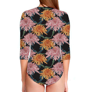 Japanese Chrysanthemum Pattern Print Long Sleeve Swimsuit