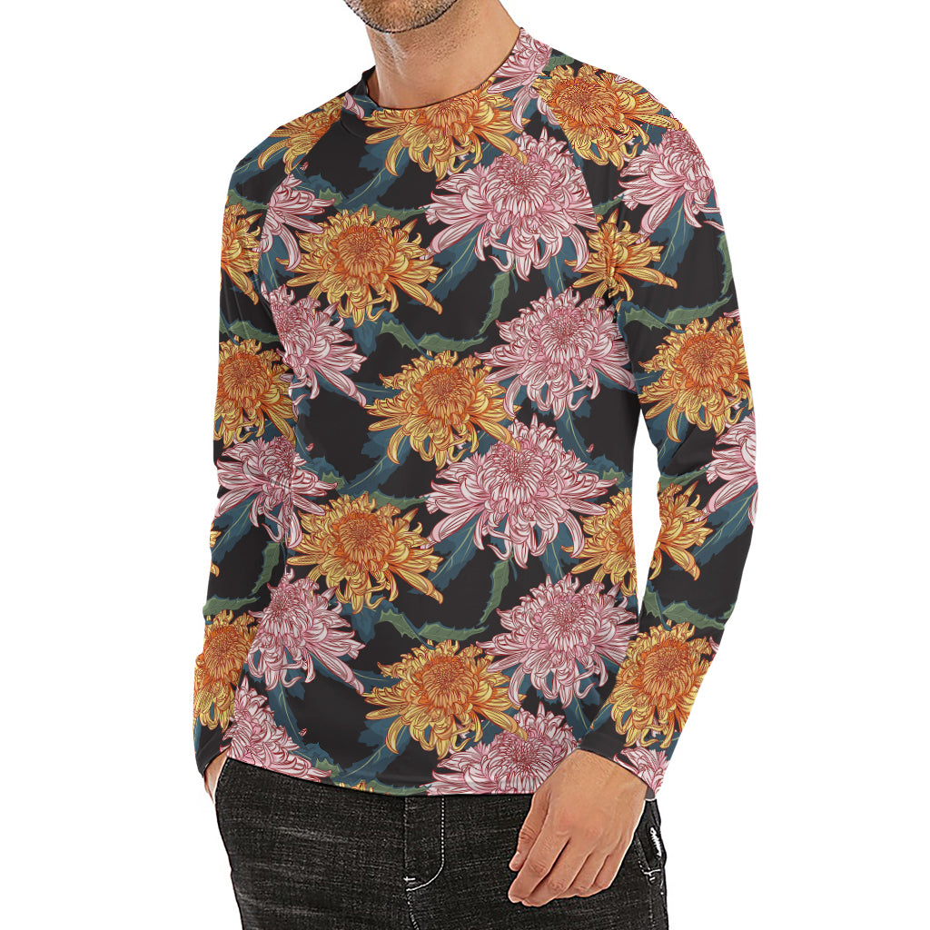 Japanese Chrysanthemum Pattern Print Men's Long Sleeve Rash Guard