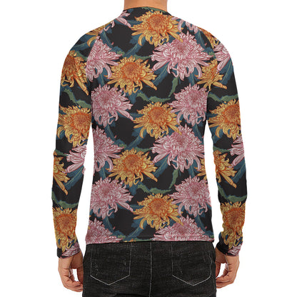 Japanese Chrysanthemum Pattern Print Men's Long Sleeve Rash Guard