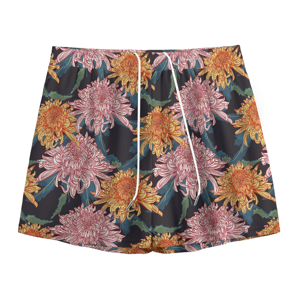 Japanese Chrysanthemum Pattern Print Mesh Shorts