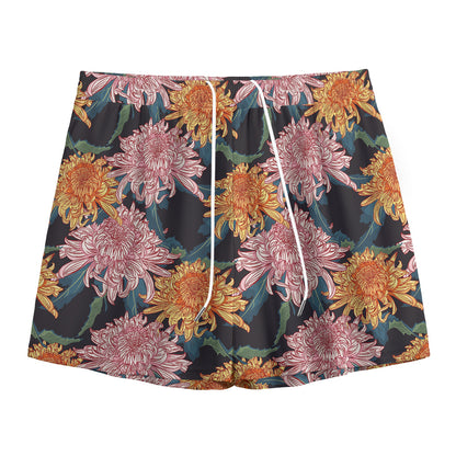 Japanese Chrysanthemum Pattern Print Mesh Shorts