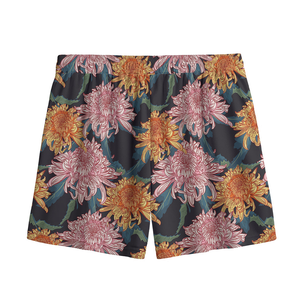 Japanese Chrysanthemum Pattern Print Mesh Shorts