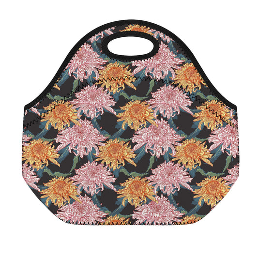 Japanese Chrysanthemum Pattern Print Neoprene Lunch Bag