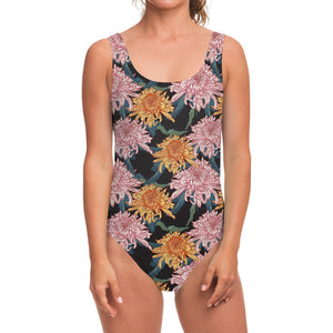 Japanese Chrysanthemum Pattern Print One Piece Swimsuit