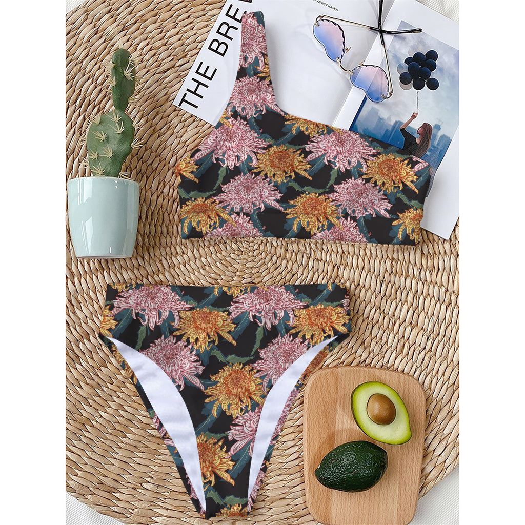 Japanese Chrysanthemum Pattern Print One Shoulder Bikini Top