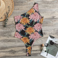 Japanese Chrysanthemum Pattern Print One Shoulder Bodysuit