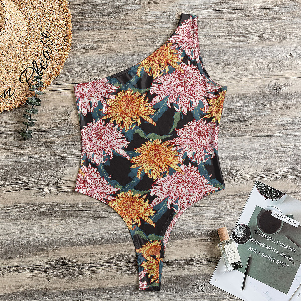 Japanese Chrysanthemum Pattern Print One Shoulder Bodysuit