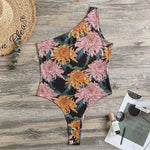 Japanese Chrysanthemum Pattern Print One Shoulder Bodysuit
