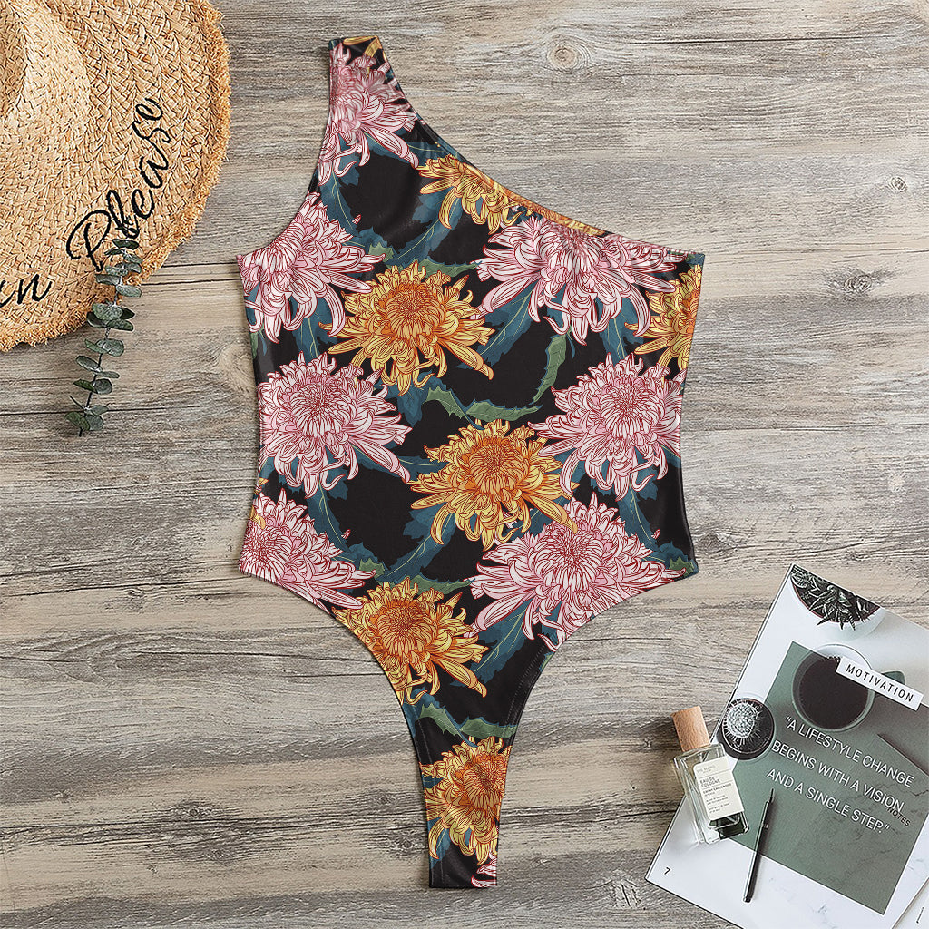 Japanese Chrysanthemum Pattern Print One Shoulder Bodysuit