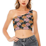 Japanese Chrysanthemum Pattern Print One Shoulder Crop Top