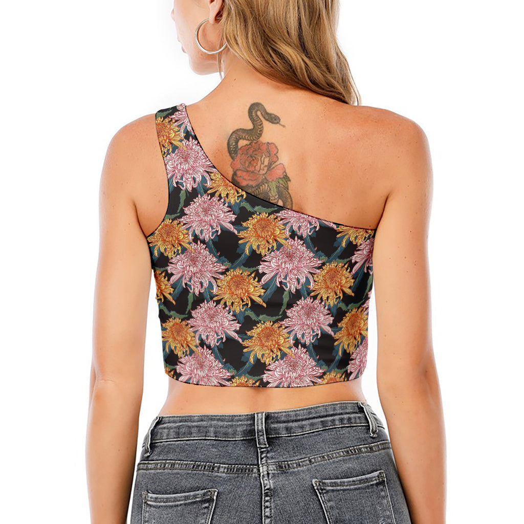 Japanese Chrysanthemum Pattern Print One Shoulder Crop Top