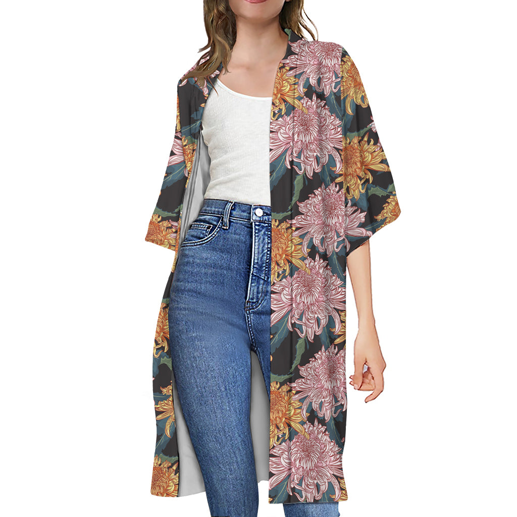 Japanese Chrysanthemum Pattern Print Open Front Beach Cover Up