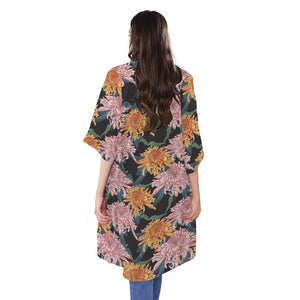 Japanese Chrysanthemum Pattern Print Open Front Beach Cover Up