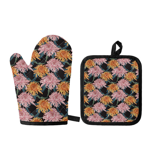 Japanese Chrysanthemum Pattern Print Oven Mitt And Pot Holder Set