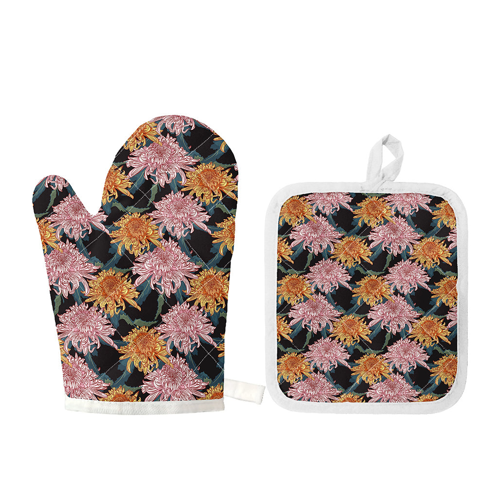 Japanese Chrysanthemum Pattern Print Oven Mitt And Pot Holder Set