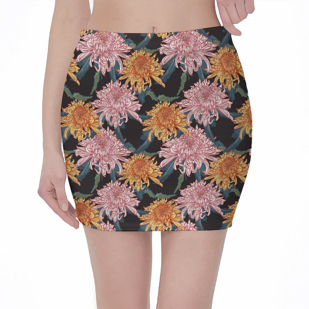 Japanese Chrysanthemum Pattern Print Pencil Mini Skirt