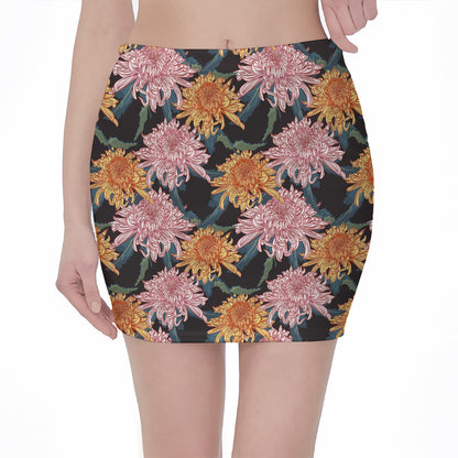 Japanese Chrysanthemum Pattern Print Pencil Mini Skirt