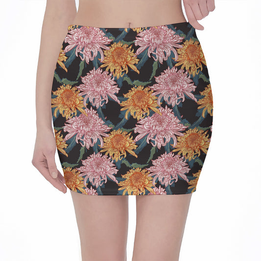 Japanese Chrysanthemum Pattern Print Pencil Mini Skirt
