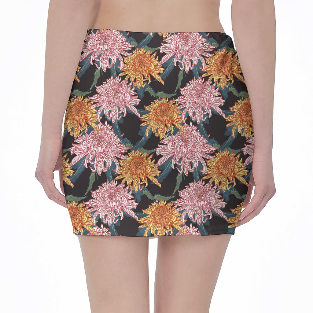 Japanese Chrysanthemum Pattern Print Pencil Mini Skirt