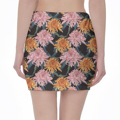 Japanese Chrysanthemum Pattern Print Pencil Mini Skirt