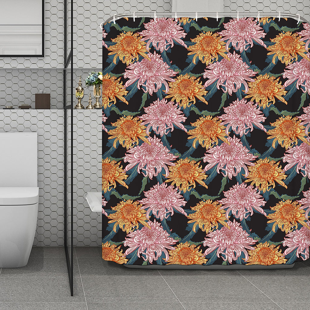 Japanese Chrysanthemum Pattern Print Polyester Shower Curtain