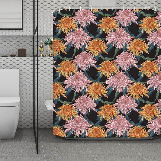 Japanese Chrysanthemum Pattern Print Polyester Shower Curtain
