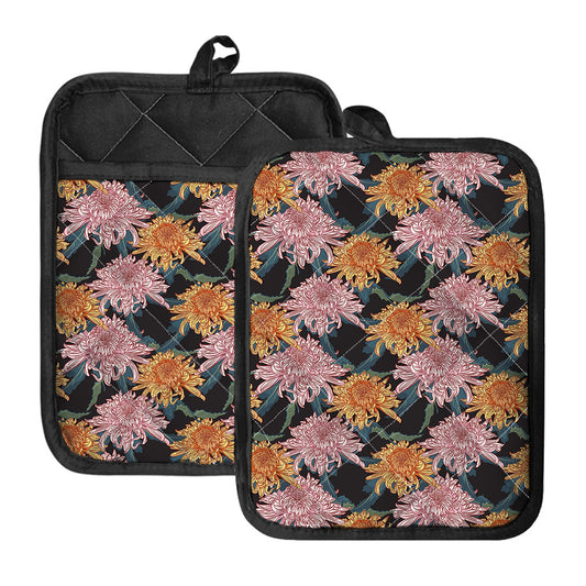 Japanese Chrysanthemum Pattern Print Pot Holders With Pocket