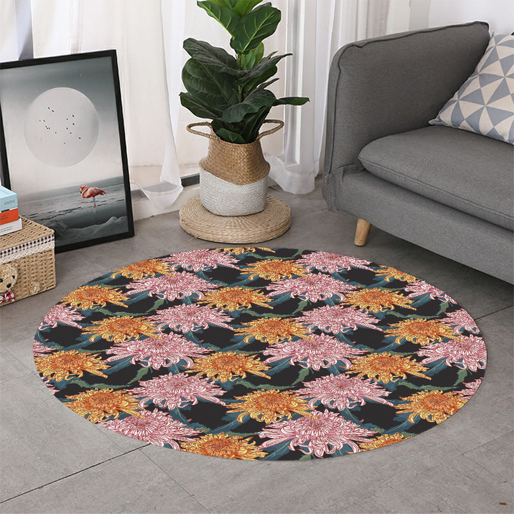 Japanese Chrysanthemum Pattern Print Round Rug