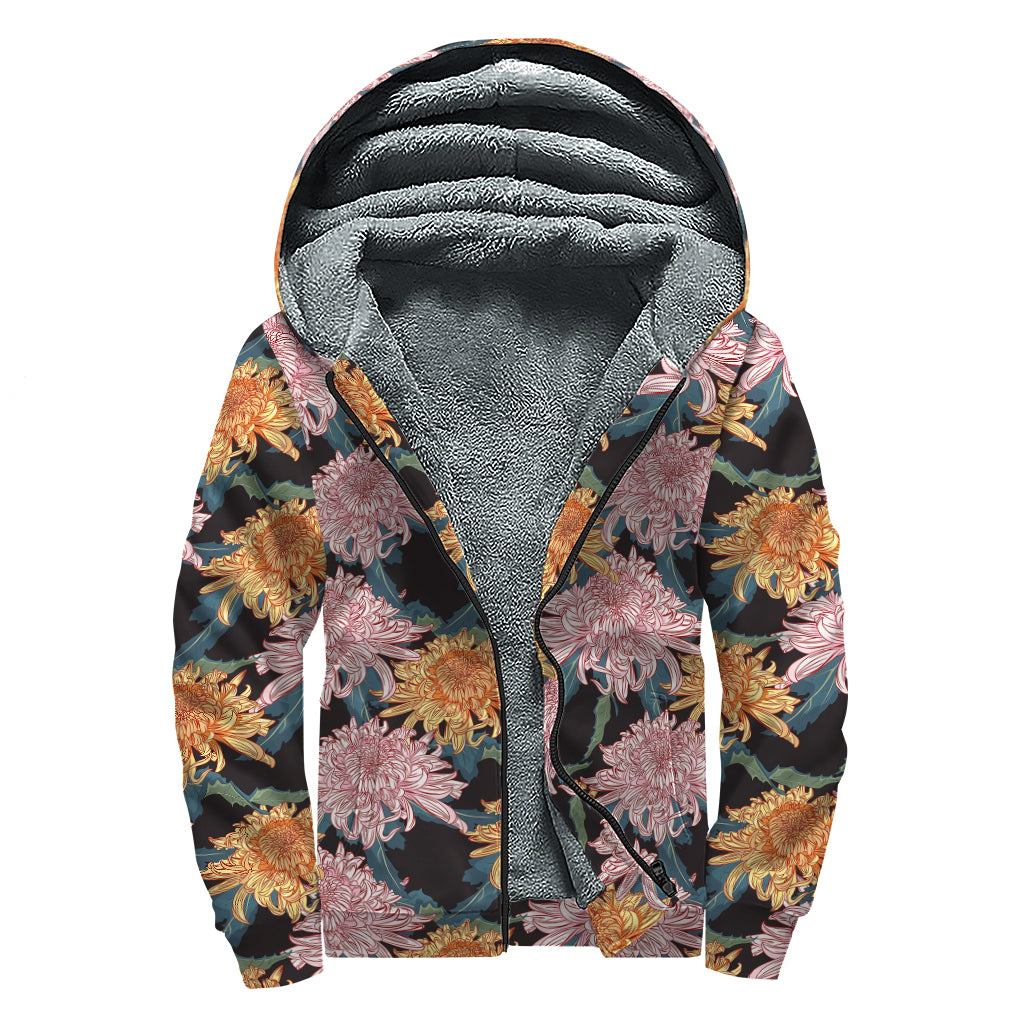 Japanese Chrysanthemum Pattern Print Sherpa Lined Zip Up Hoodie