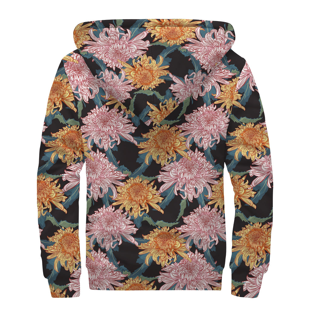 Japanese Chrysanthemum Pattern Print Sherpa Lined Zip Up Hoodie