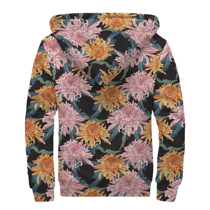 Japanese Chrysanthemum Pattern Print Sherpa Lined Zip Up Hoodie