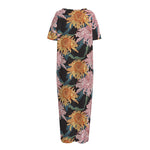 Japanese Chrysanthemum Pattern Print Short Sleeve Long Nightdress