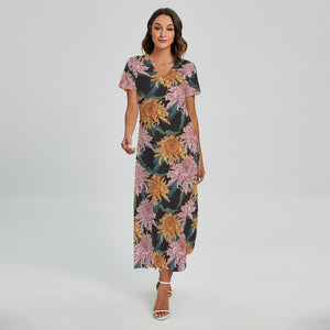 Japanese Chrysanthemum Pattern Print Short Sleeve Maxi Dress