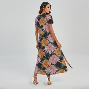 Japanese Chrysanthemum Pattern Print Short Sleeve Maxi Dress