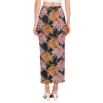 Japanese Chrysanthemum Pattern Print Side Slit Maxi Skirt