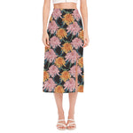 Japanese Chrysanthemum Pattern Print Side Slit Midi Skirt