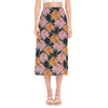 Japanese Chrysanthemum Pattern Print Side Slit Midi Skirt