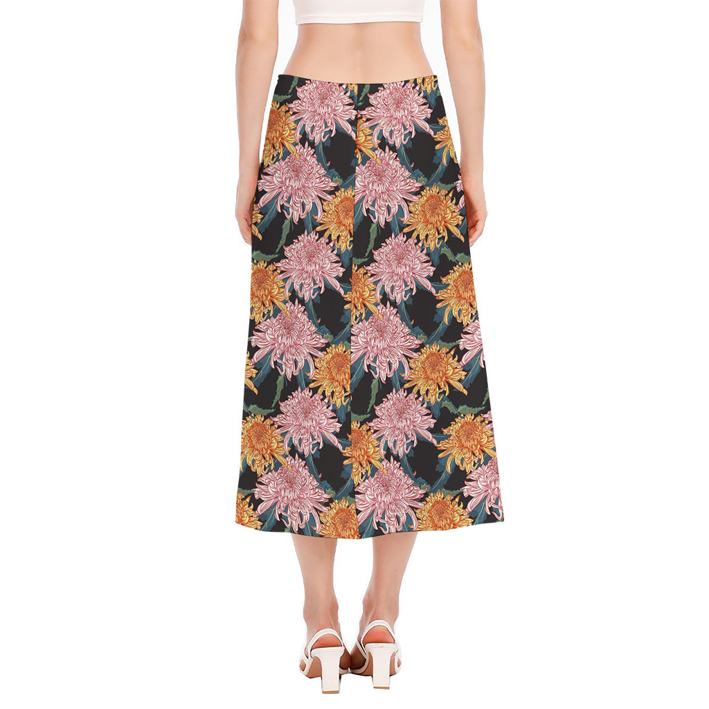 Japanese Chrysanthemum Pattern Print Side Slit Midi Skirt