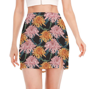 Japanese Chrysanthemum Pattern Print Side Slit Mini Skirt