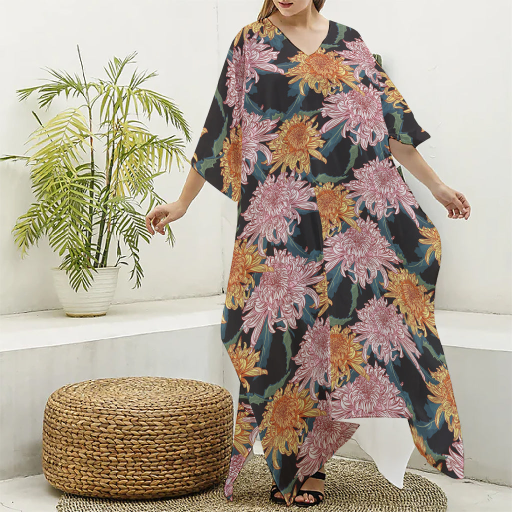 Japanese Chrysanthemum Pattern Print Silk V-Neck Kaftan Dress