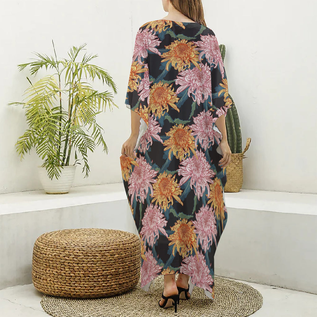 Japanese Chrysanthemum Pattern Print Silk V-Neck Kaftan Dress