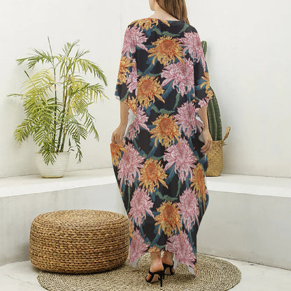 Japanese Chrysanthemum Pattern Print Silk V-Neck Kaftan Dress