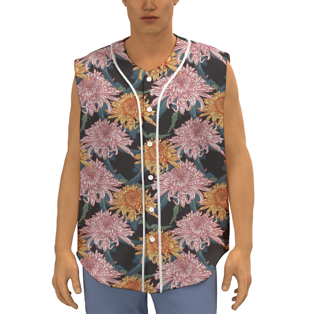 Japanese Chrysanthemum Pattern Print Sleeveless Baseball Jersey