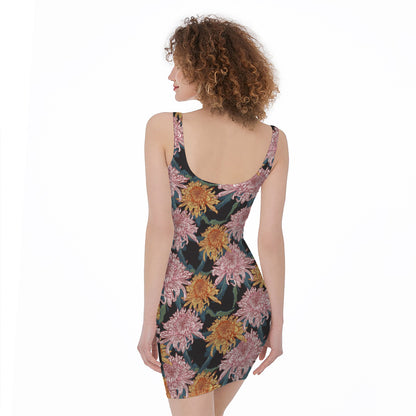 Japanese Chrysanthemum Pattern Print Sleeveless Bodycon Dress